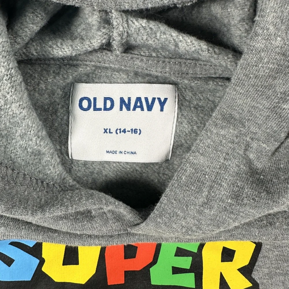 Old Navy Super Mario Graphic Hoodie XL (14-16) Grey Nintendo Gamer Pullover